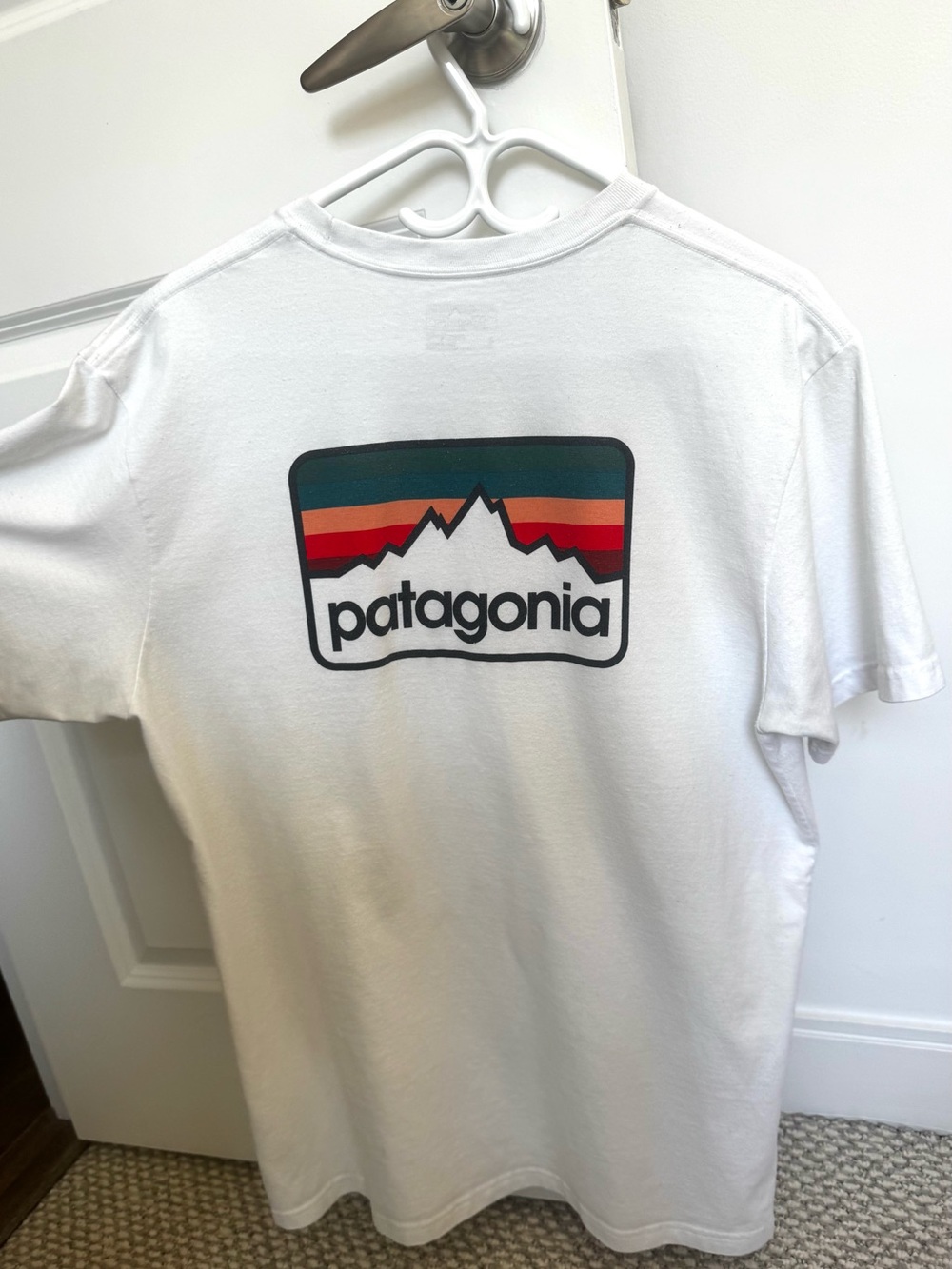 Patagonia White Short Sleeve Tee with Multicolor Mountain Logo